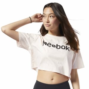 Koszulki Damskie Reebok Training Essentials Linear Logo Crop Różowe PL 13DIYRC